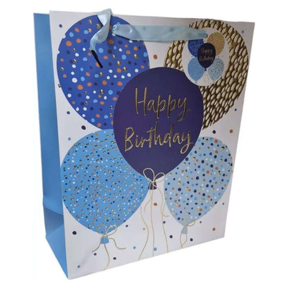 33 Cm Large Gift Bag & Tag HAPPY BIRTHDAY White And Blue unisex Balloons Bag - Gift bag -Royale Gifts