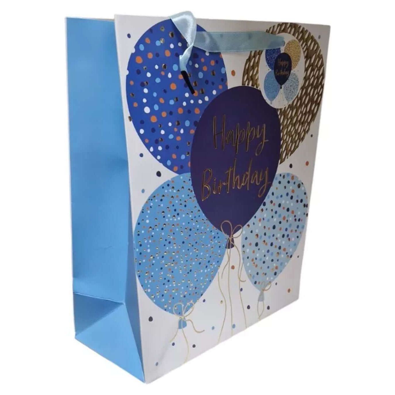 33 Cm Large Gift Bag & Tag HAPPY BIRTHDAY White And Blue unisex Balloons Bag - Gift bag -Royale Gifts