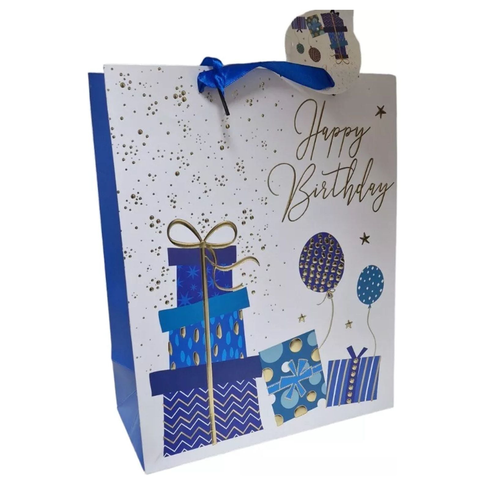 33 Cm Large Gift Bag & Tag HAPPY BIRTHDAY White And Blue unisex Happy Birthday - Gift bag -Royale Gifts