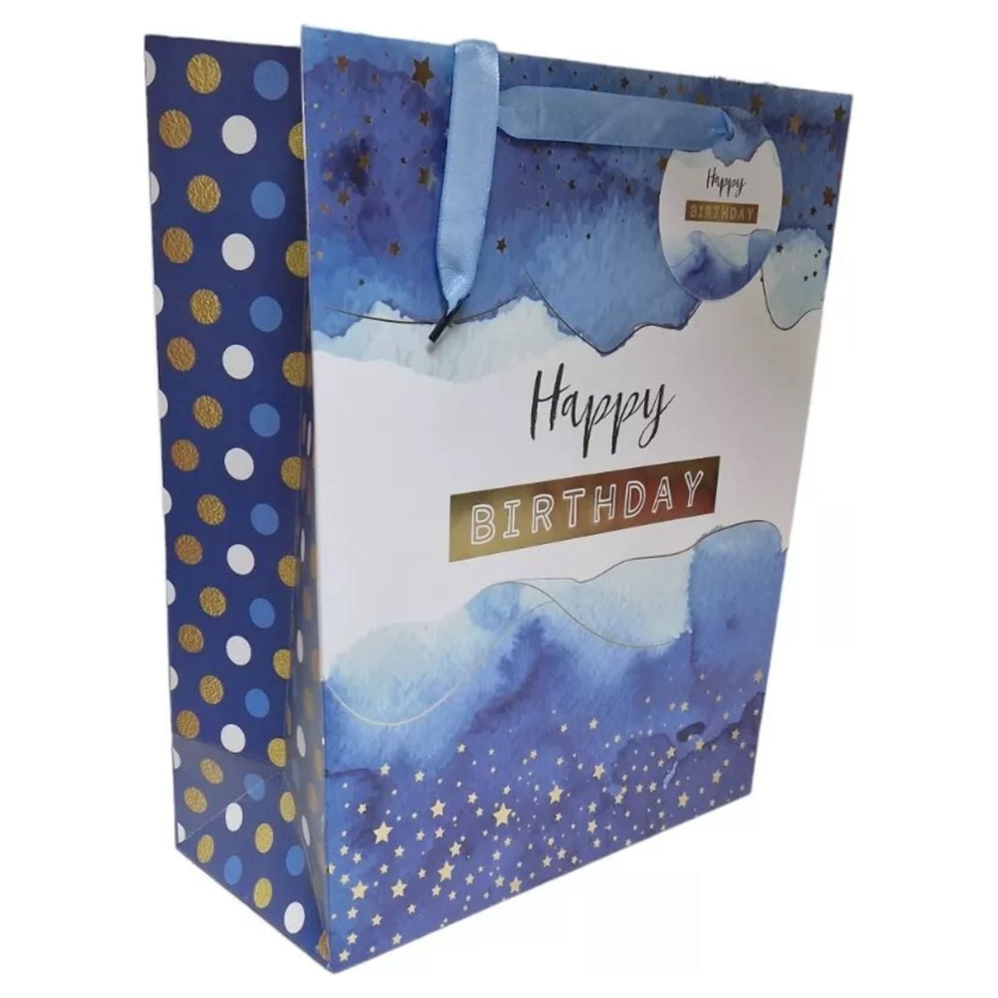 33 Cm Large Gift Bag & Tag HAPPY BIRTHDAY White And Blue unisex Watercolour Bag - Gift bag -Royale Gifts