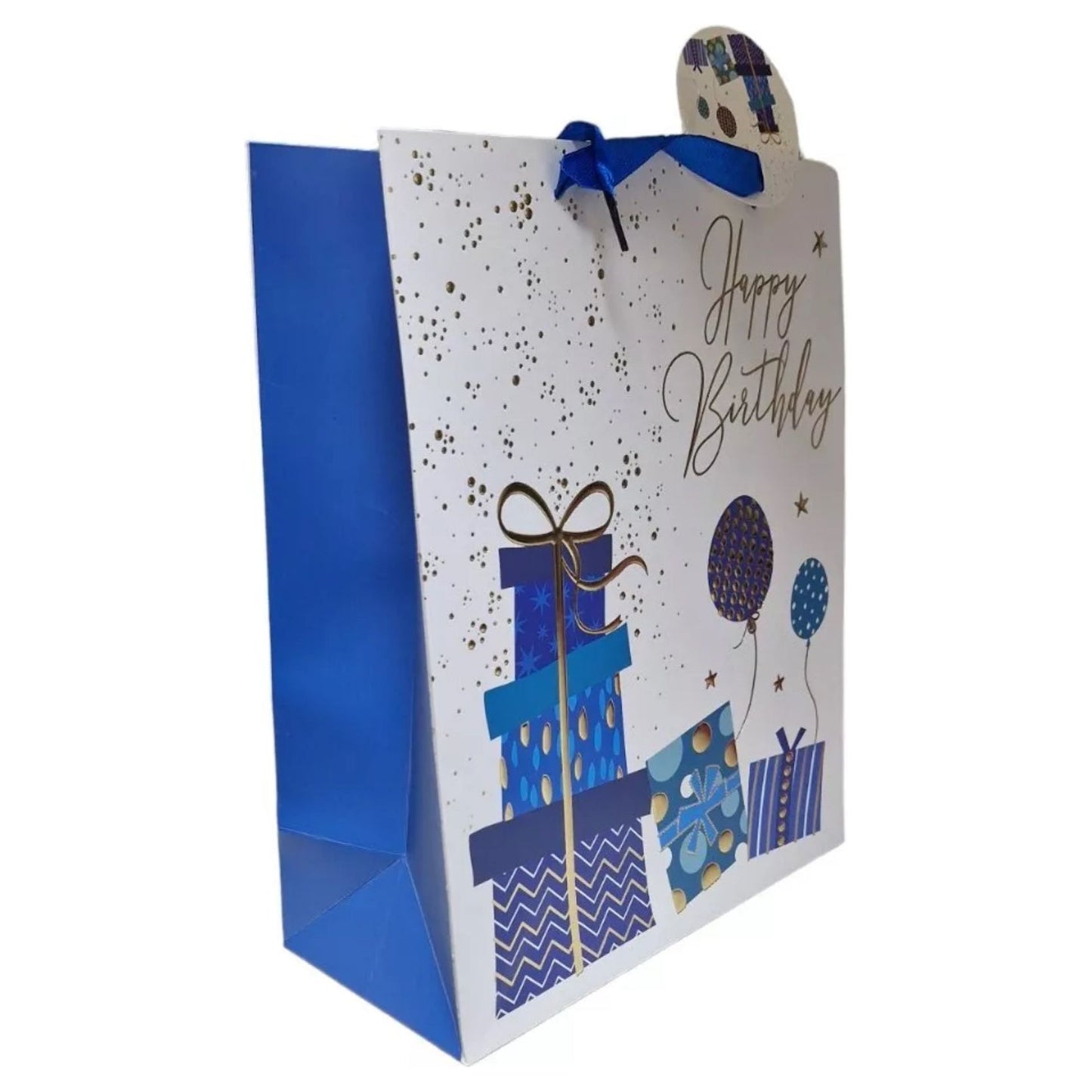 33 Cm Large Gift Bag & Tag HAPPY BIRTHDAY White And Blue unisex Happy Birthday - Gift bag -Royale Gifts