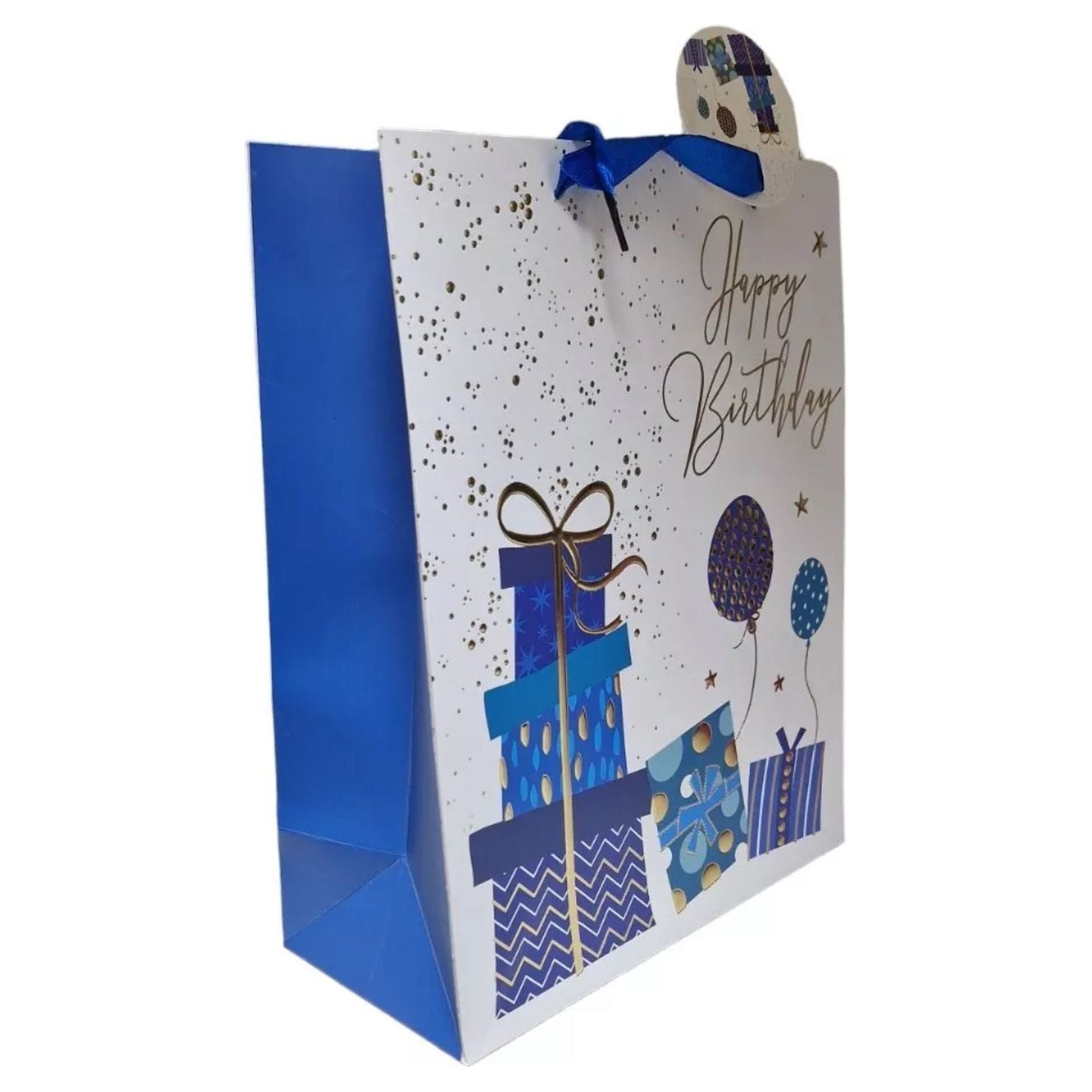 33 Cm Large Gift Bag & Tag HAPPY BIRTHDAY White And Blue unisex Happy Birthday - Gift bag -Royale Gifts