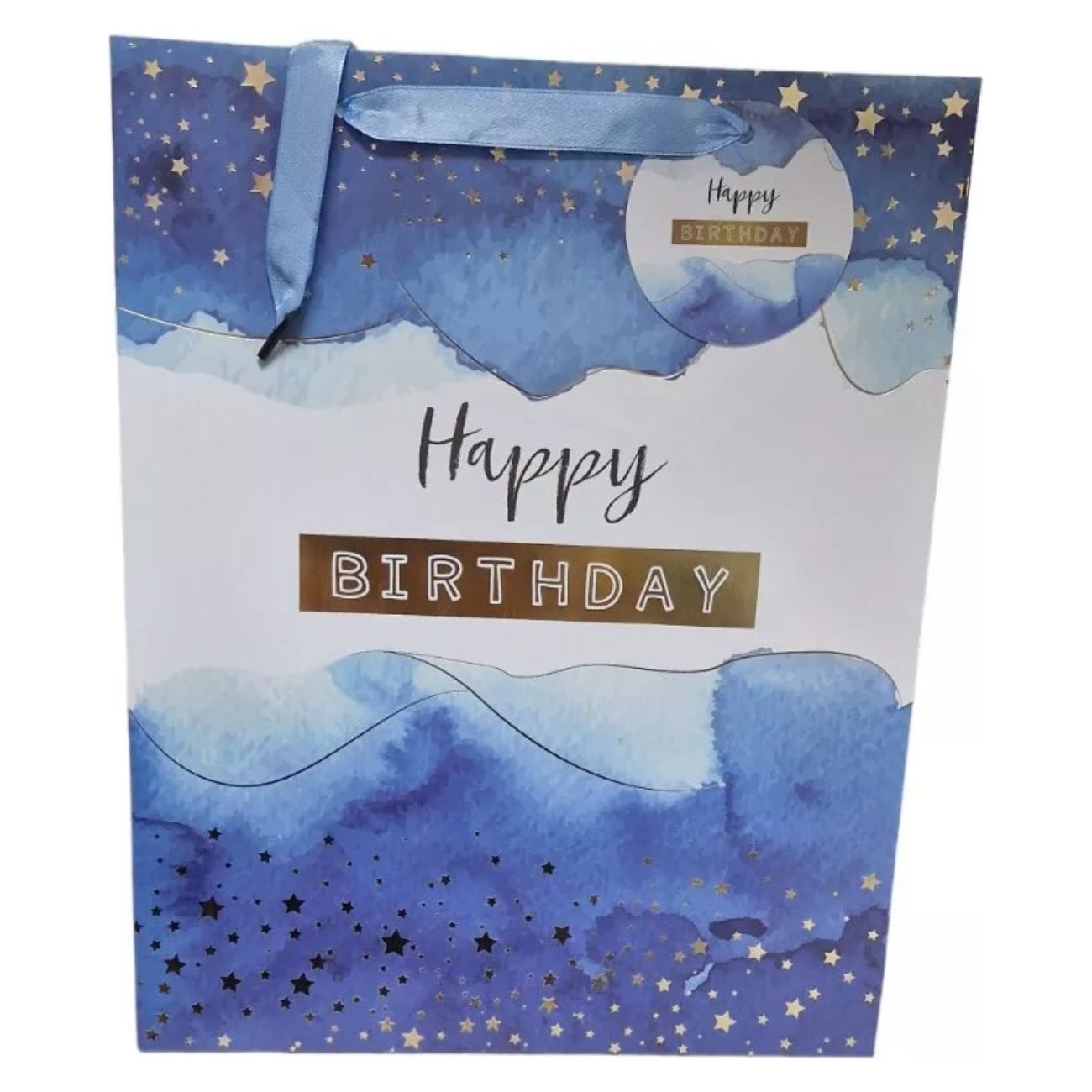 33 Cm Large Gift Bag & Tag HAPPY BIRTHDAY White And Blue unisex Watercolour Bag - Gift bag -Royale Gifts