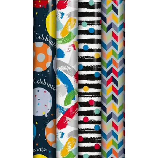 12m (4 x 3m) Gift Wrapping Paper Roll Unisex Happy Birthday Modern art design.