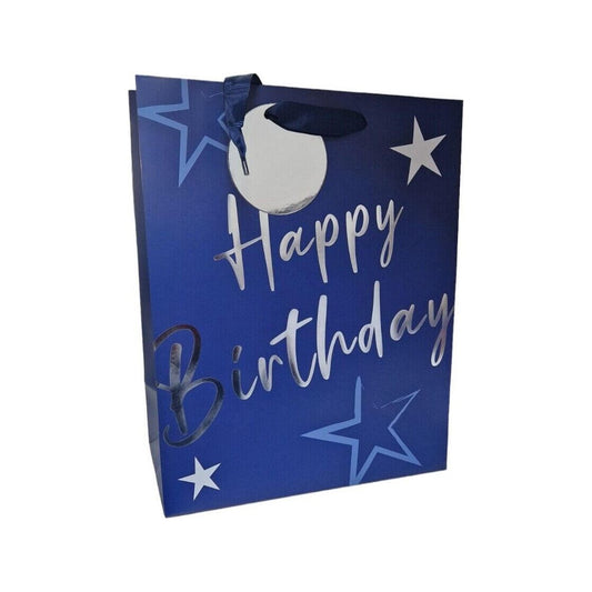 "Happy Birthday" Blue Stars Unisex Foil Print Gift Bag with Gift Tag. - Gift bag -Royale Gifts