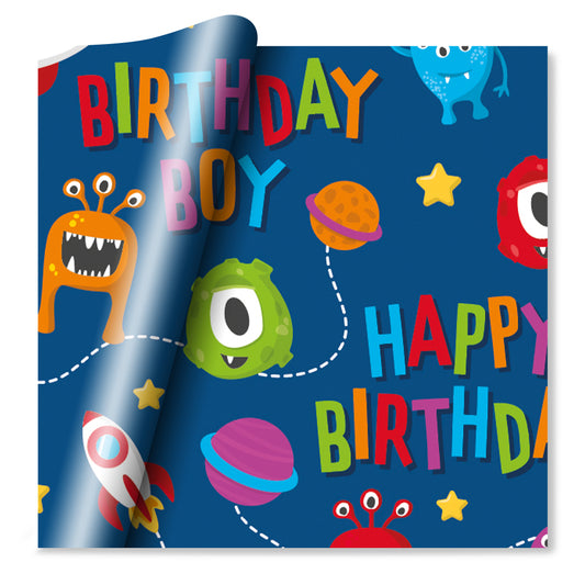 2 Sheets Giftwrap Birthday boy monsters in space design  + 1 FREE Tag