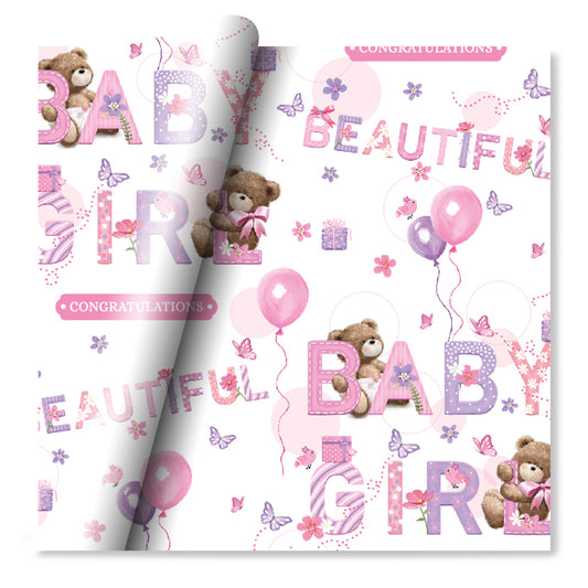 2 Sheets Giftwrap Birth Congratulations beautiful baby girl balloon butterflies & teddy design  + 1 FREE Tag