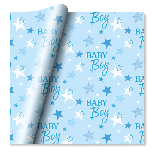 2 Sheets Giftwrap blue baby boy stars design  + 1 FREE Tags