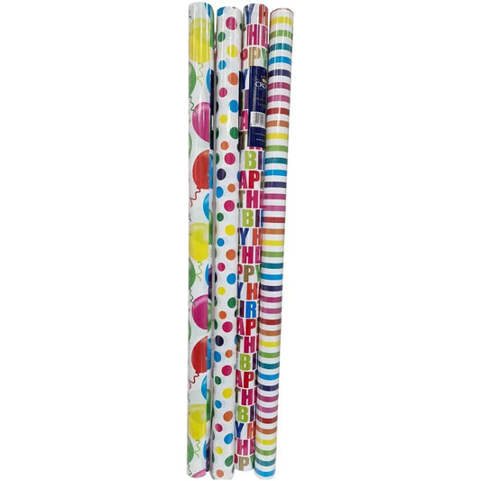 4 x 3M Rolls Unisex Happy Birthday Multicoloured Gift Wrap Wrapping Paper - Royale Gifts