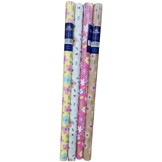 12m Female Mixed Gift Wrapping Paper - 4 x 3m Roll's - Flowers Kraft Rolls (crown) - Royale Gifts